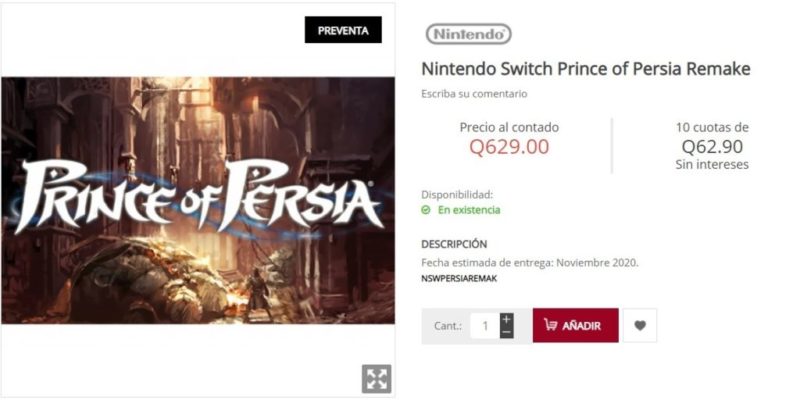 [Rumor - Derrubado] Varejista da Guatemala lista remake de Prince of Persia para Nintendo Switch