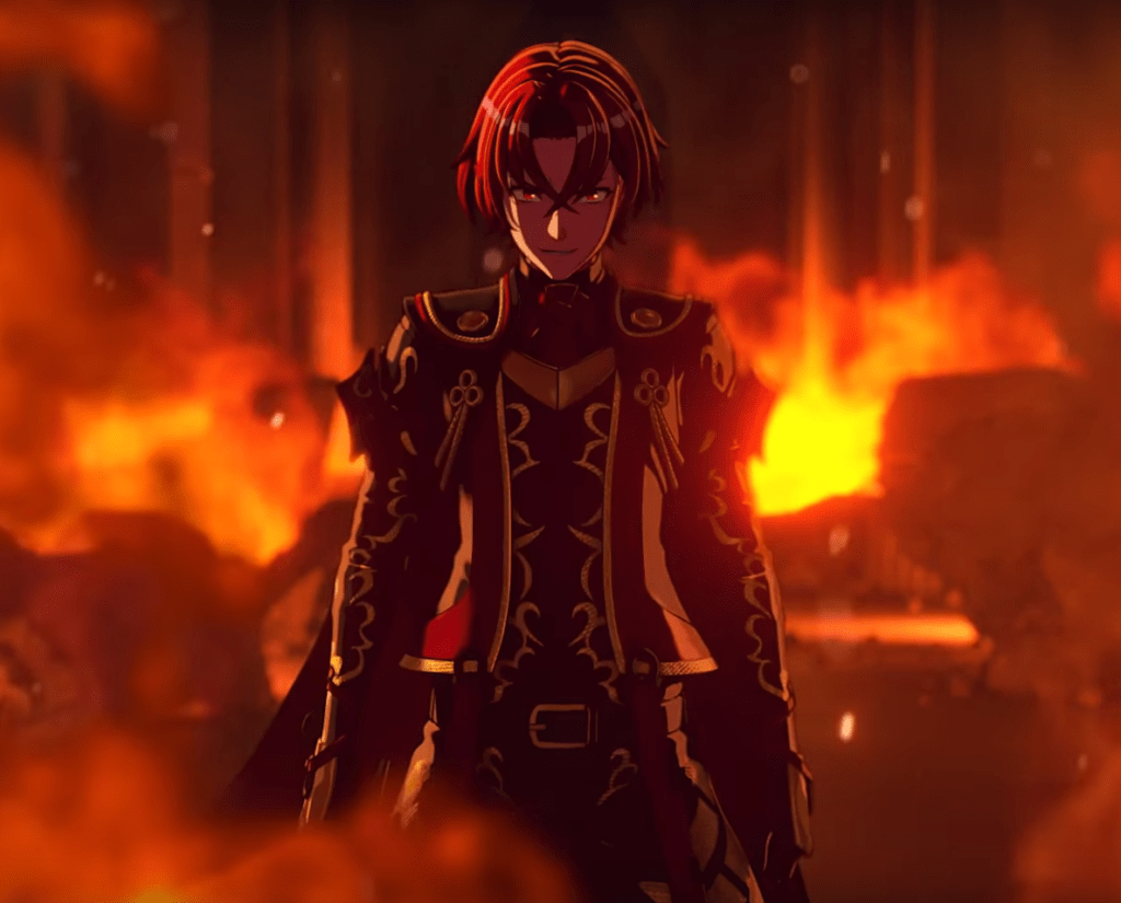 Fire Emblem Engage - Trailer - Alear Vermelho em meio as chamas