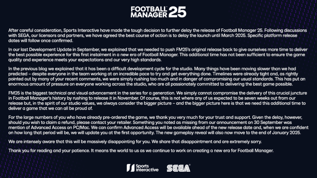 Football Manager 25 tem data de lançamento adiada para o próximo ano