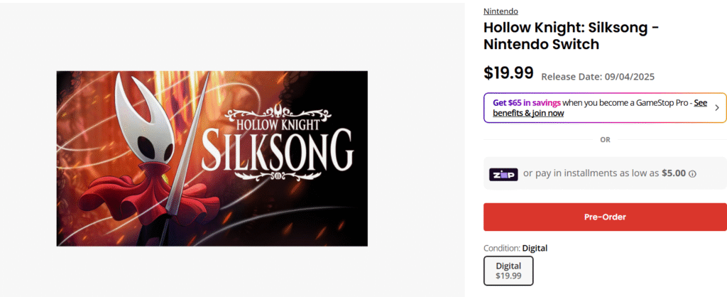 Loja americana lista preço de Hollow Knight: Silksong